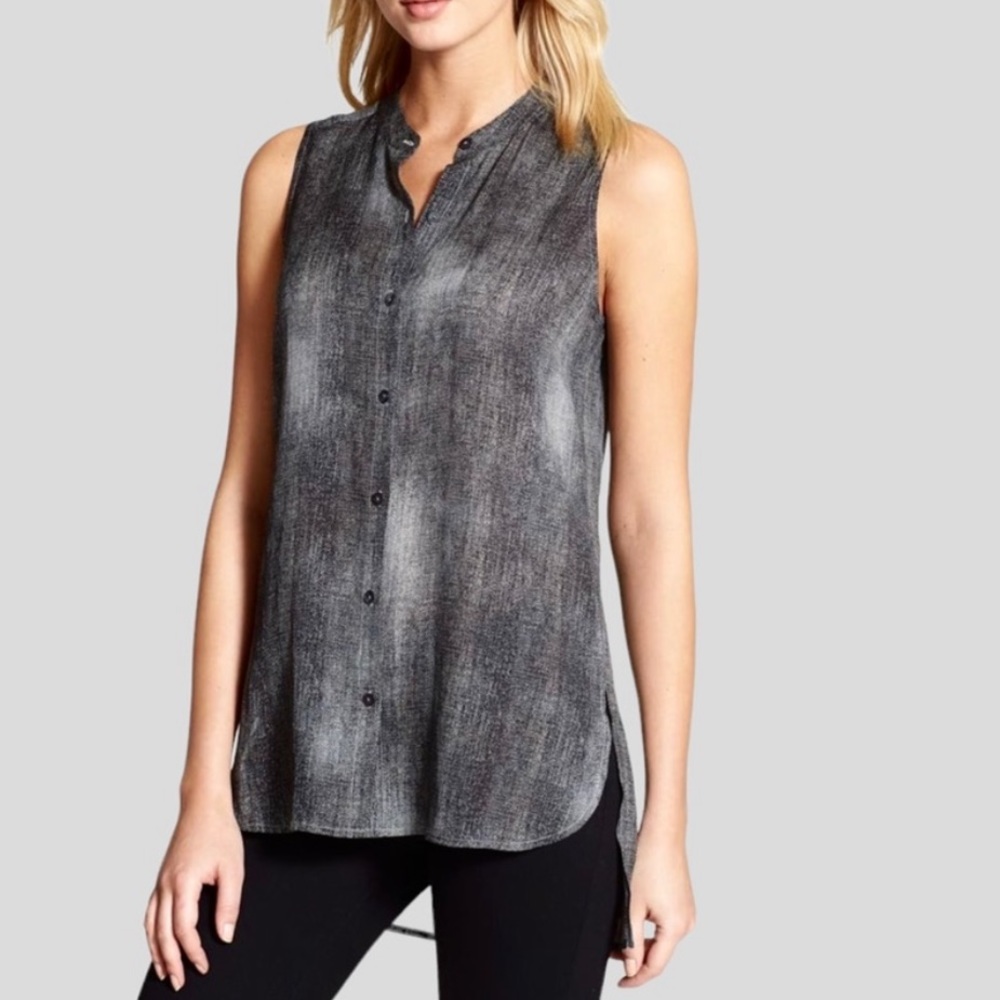 Eileen Fisher Silk Button Up Crepe Hazy Print High Low Sleeveless Top Blouse